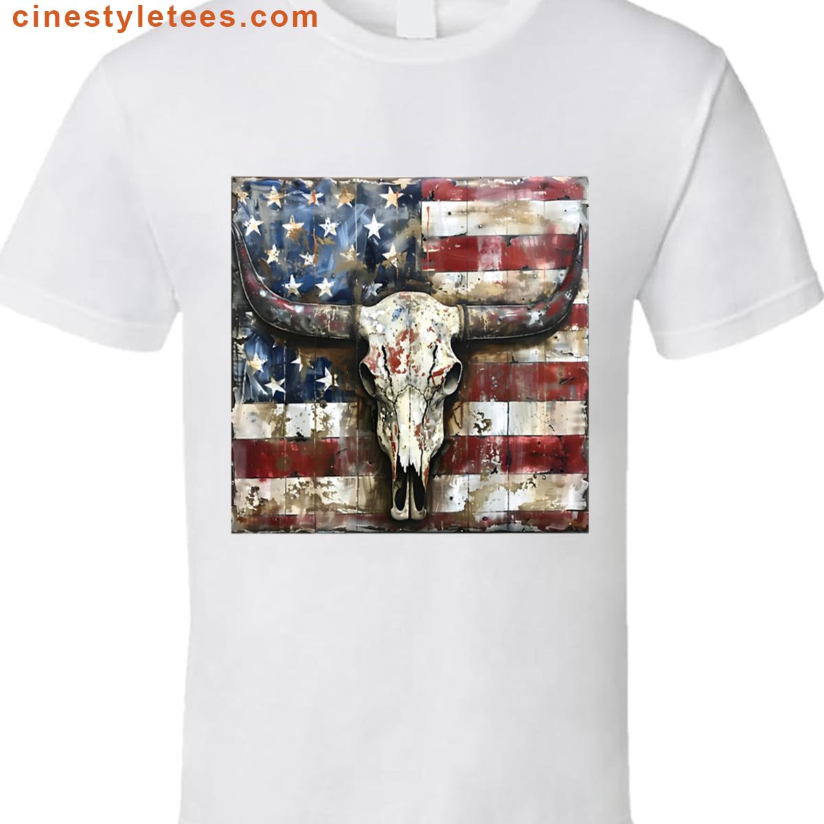 Patriotic American Flag Longhorn Skull Print Shirt