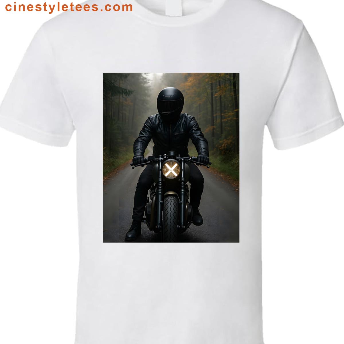 Person On A Motorcycle With A Glowing Headlight On A Forest Road Graphic Shirt