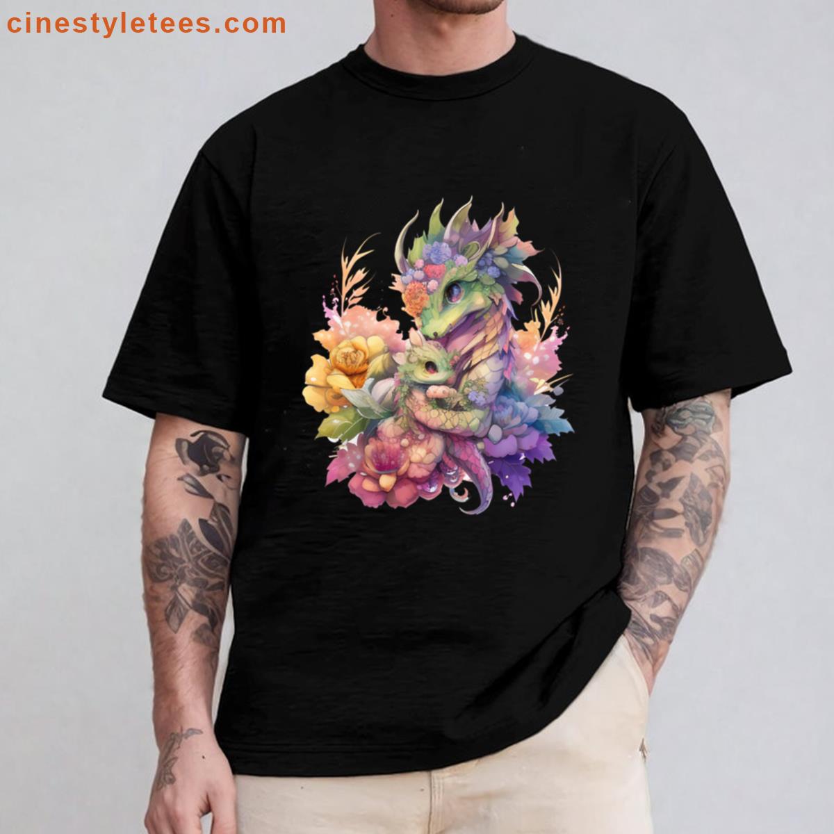 Rainbow Watercolor Mommy And Baby Dragon Kawaii Chibi Flowers Shirt
